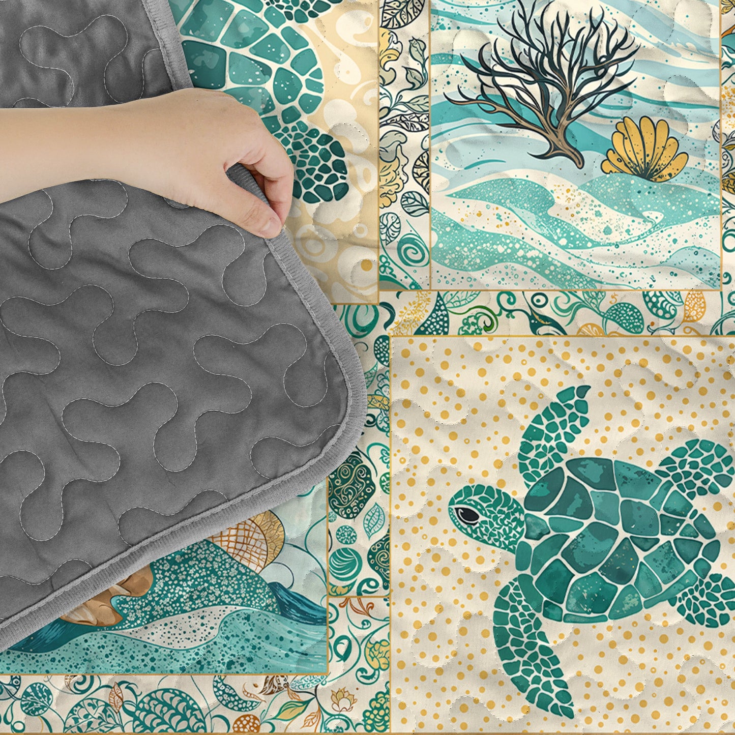 Pajabear Quilt 3-Piece Set AquaMarine Sea Turtle Patchwork
