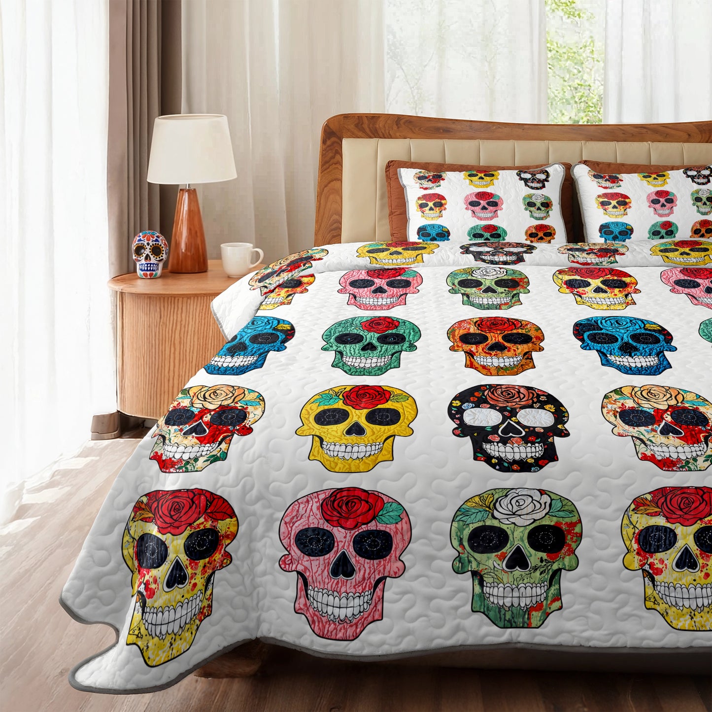 Pajabear Quilt 3-Piece Set Colorful Sugar Skull Roses