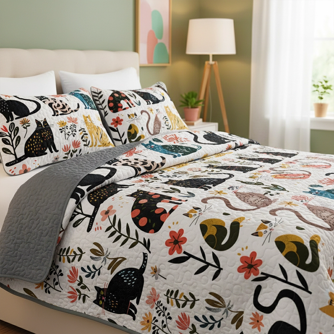 Pajabear Quilt 3-Piece Set Botanical Cat Bliss