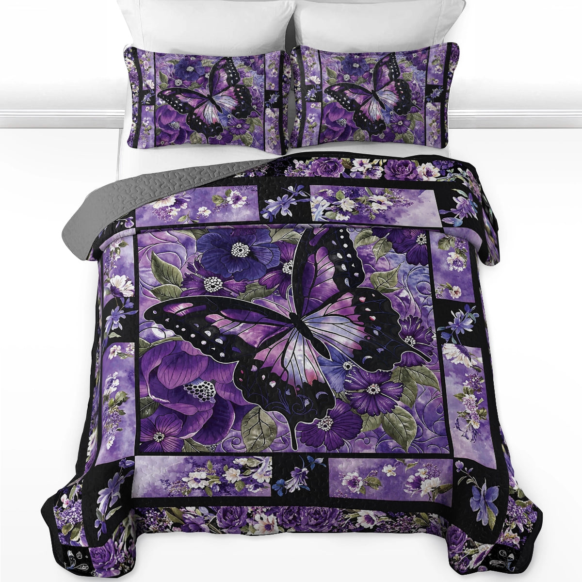 Pajabear Quilt 3-Piece Set Gorgeous Purple Butterfly Flowers