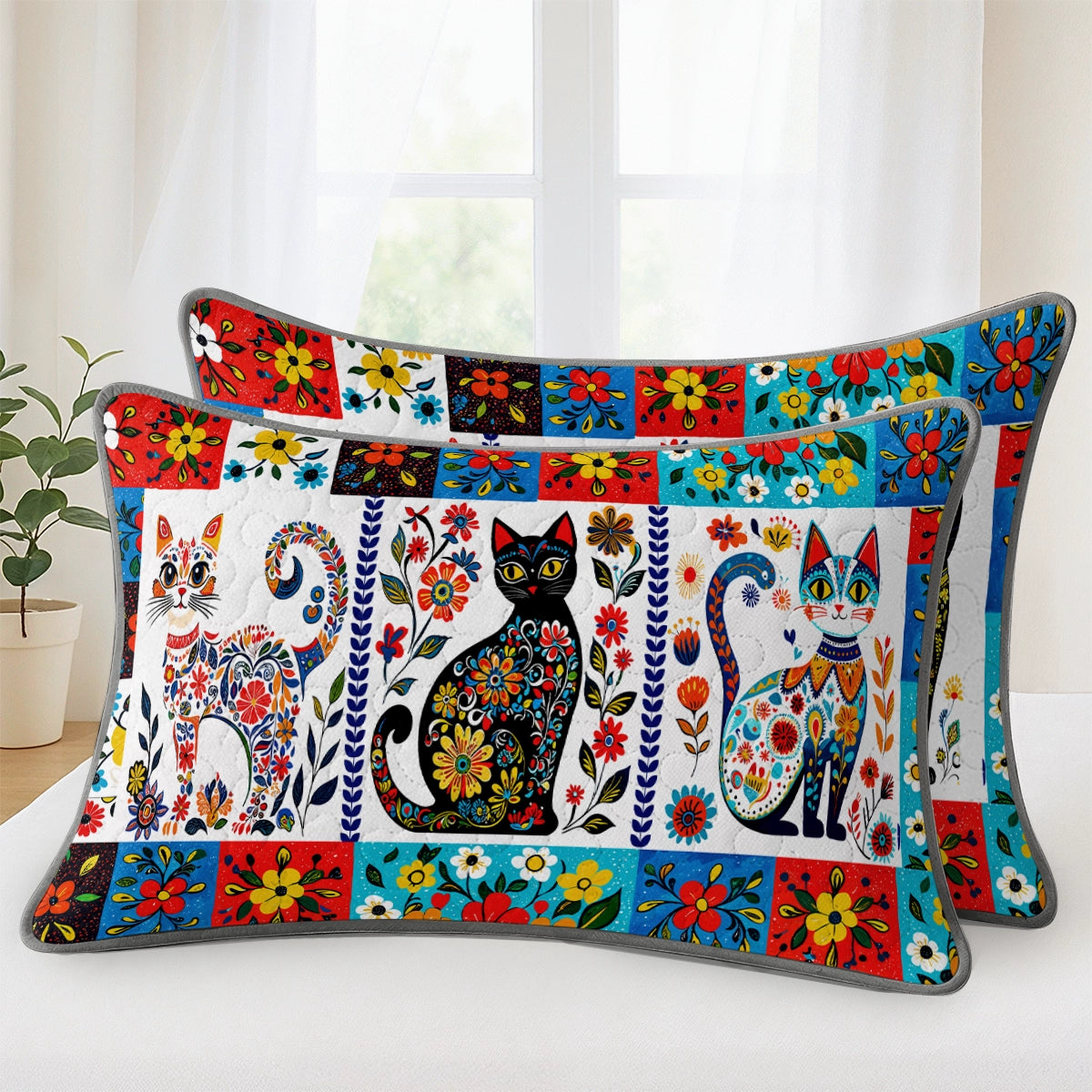 Pajabear Quilt 3-Piece Set Folk Art Feline
