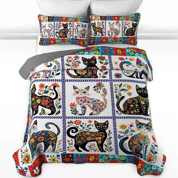 Pajabear Quilt 3-Piece Set Folk Art Feline