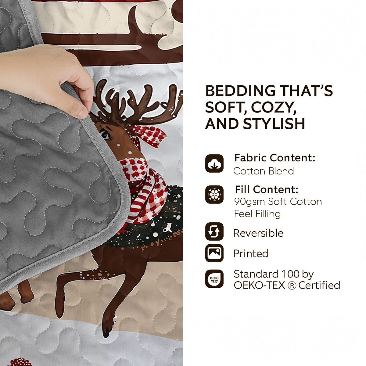 Pajabear Quilt 3-Piece Set Cozy Santa Claus With Reindeer Pulling His Sleigh Full Of Gifts