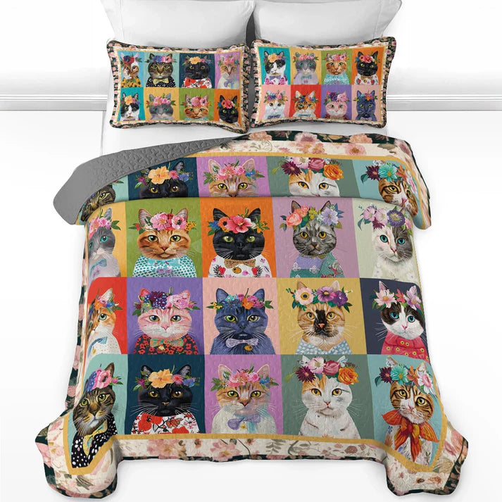 Pajabear Quilt 3-Piece Set Floral Cat Fantasy