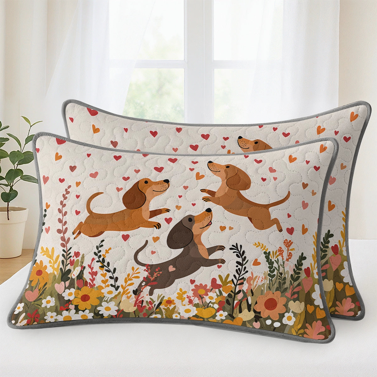 Pajabear Quilt 3-Piece Set Floral Dachshund With Heart