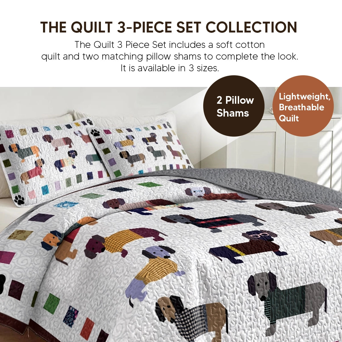 Pajabear Quilt 3-Piece Set Dachshund Paws and Patches