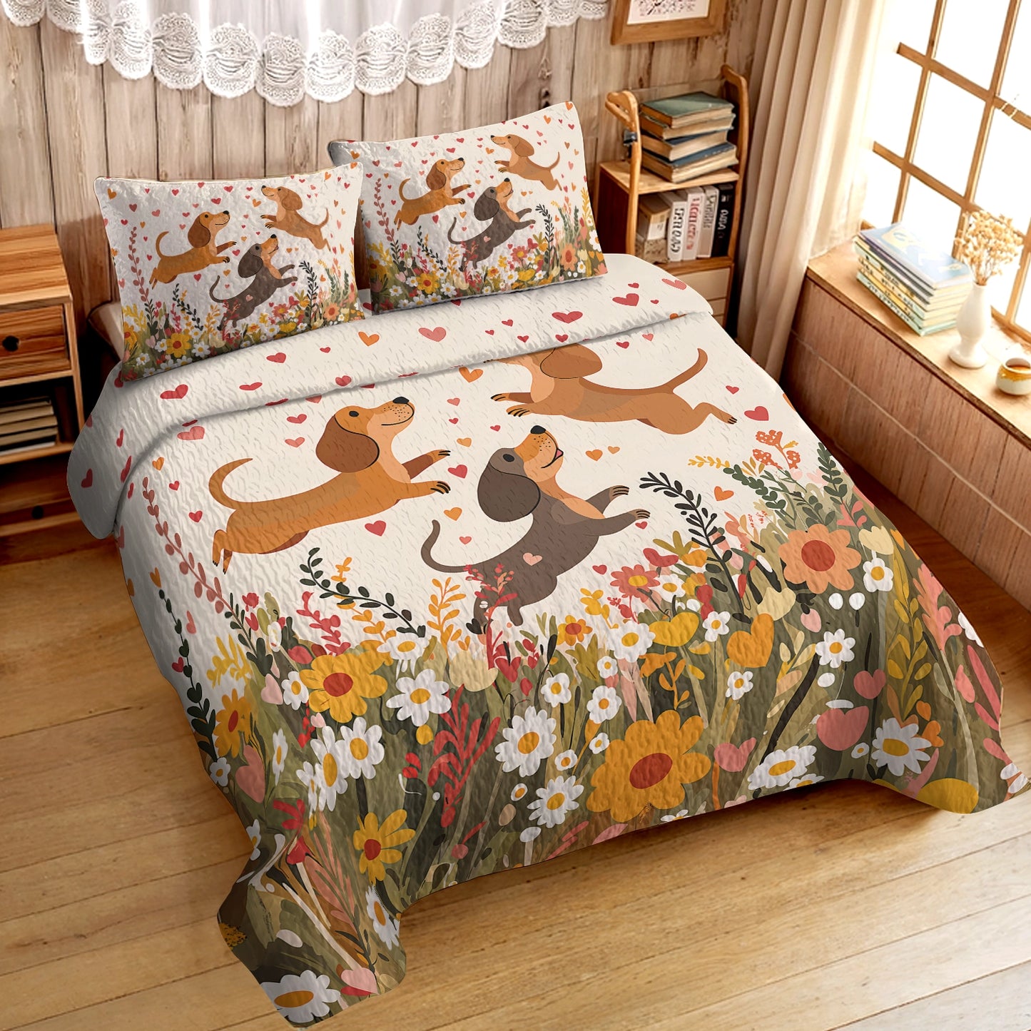 Pajabear Quilt 3-Piece Set Floral Dachshund With Heart