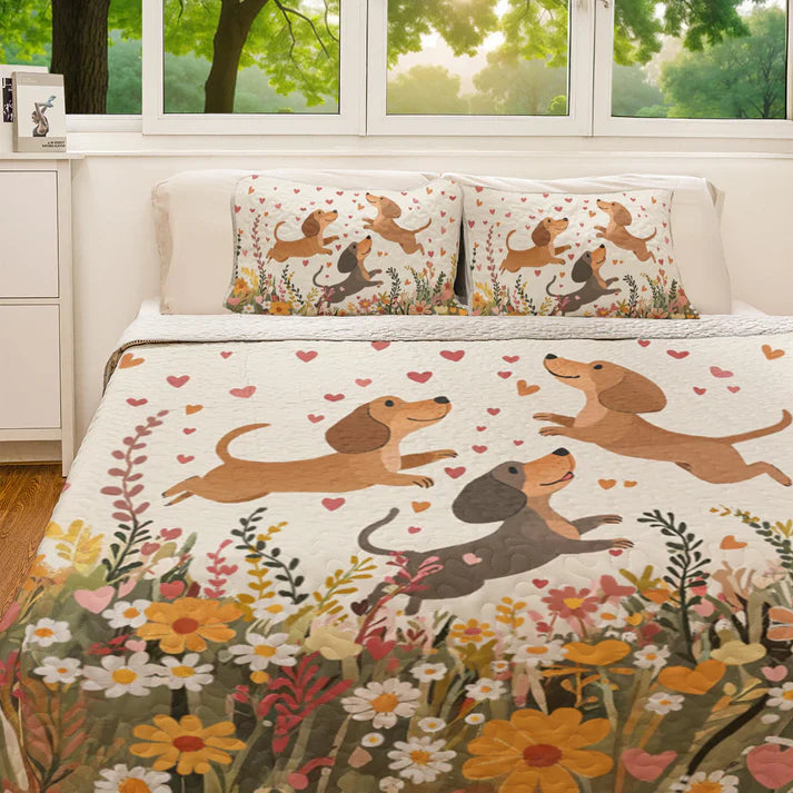Pajabear Quilt 3-Piece Set Floral Dachshund With Heart