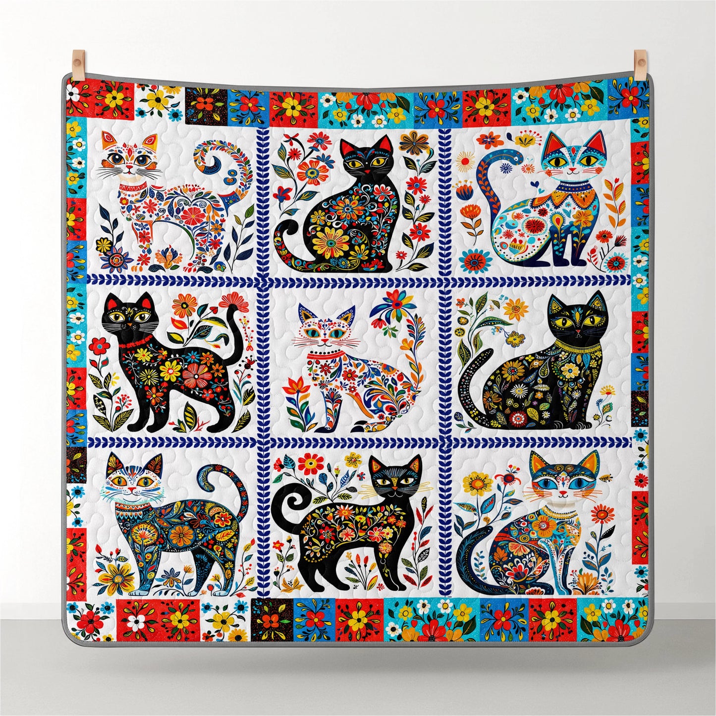 Pajabear Quilt 3-Piece Set Folk Art Feline