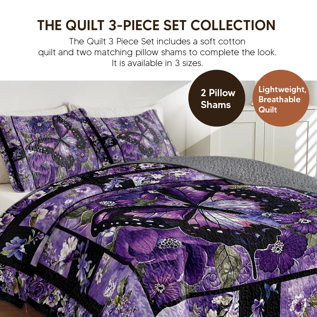 Pajabear Quilt 3-Piece Set Gorgeous Purple Butterfly Flowers