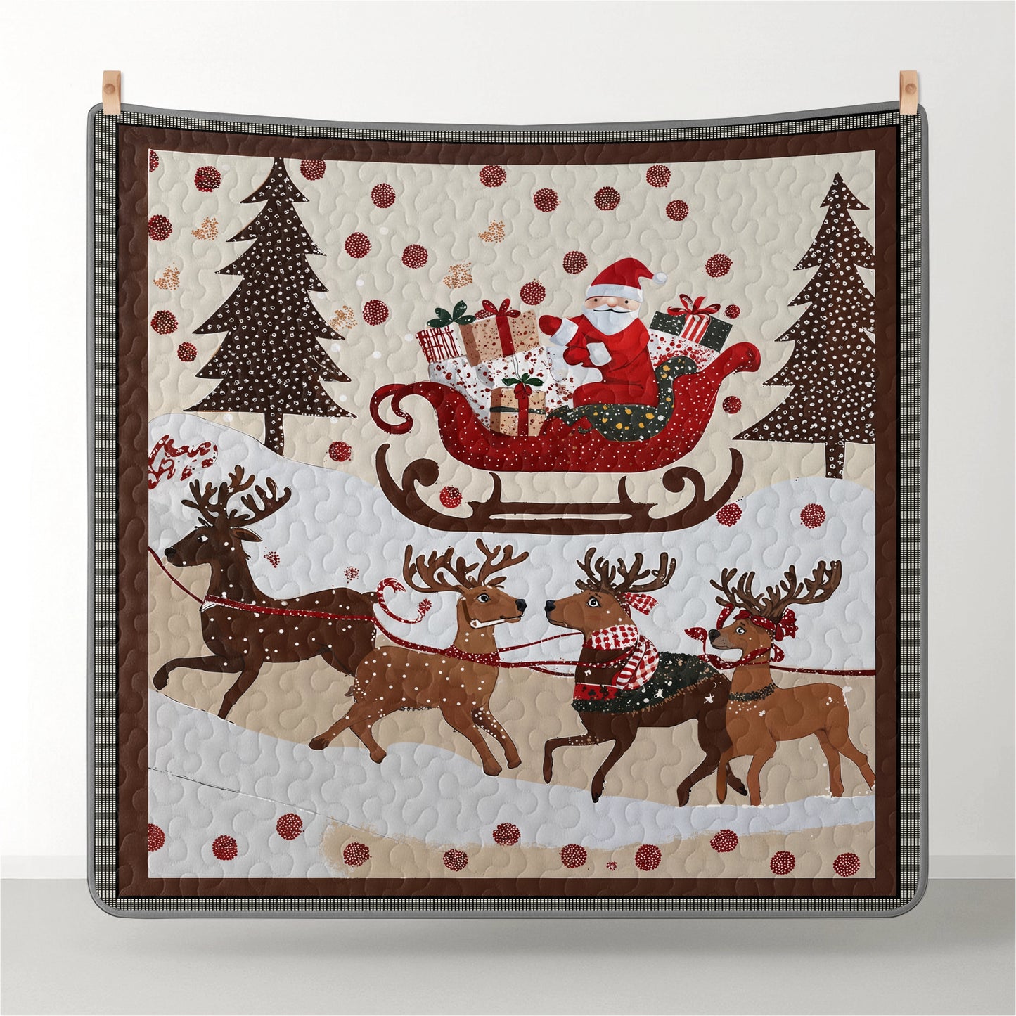 Pajabear Quilt 3-Piece Set Cozy Santa Claus With Reindeer Pulling His Sleigh Full Of Gifts