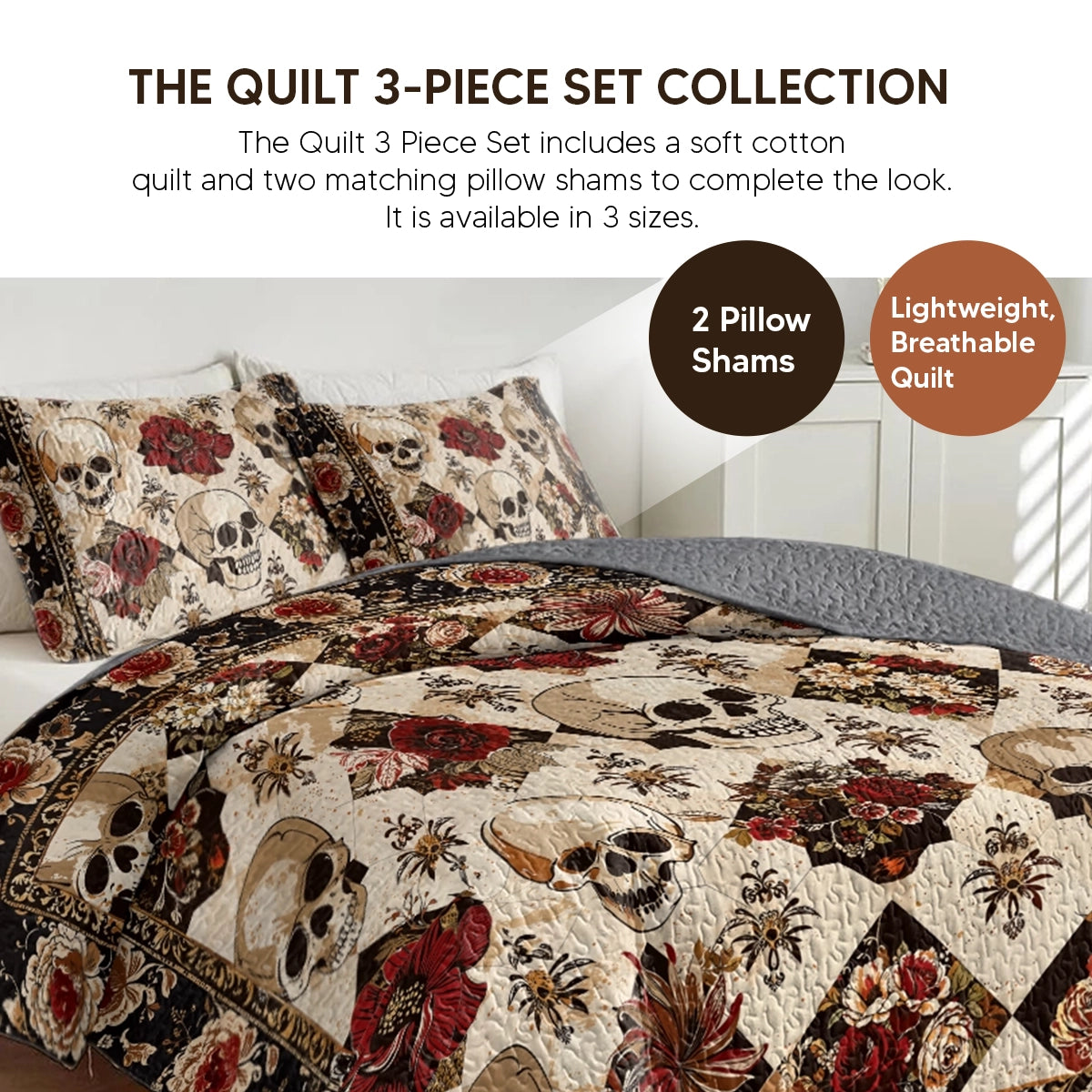 Pajabear Quilt 3-Piece Set Elegent Skull Roses