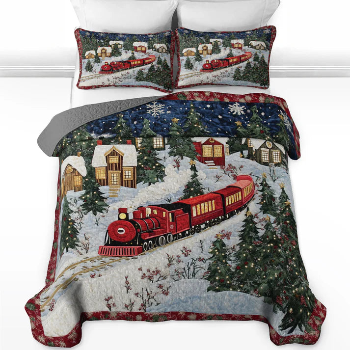 Pajabear Quilt 3-Piece Set Christmas Train Winter Wonderland