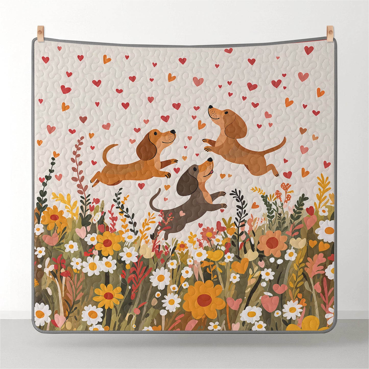 Pajabear Quilt 3-Piece Set Floral Dachshund With Heart