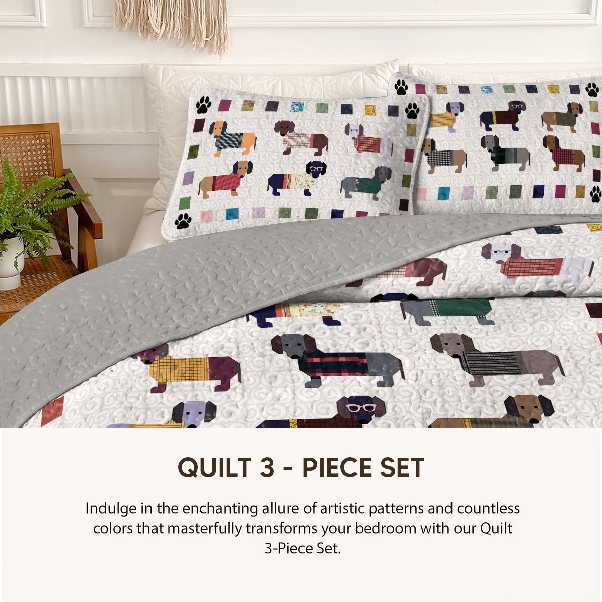 Pajabear Quilt 3-Piece Set Dachshund Paws and Patches