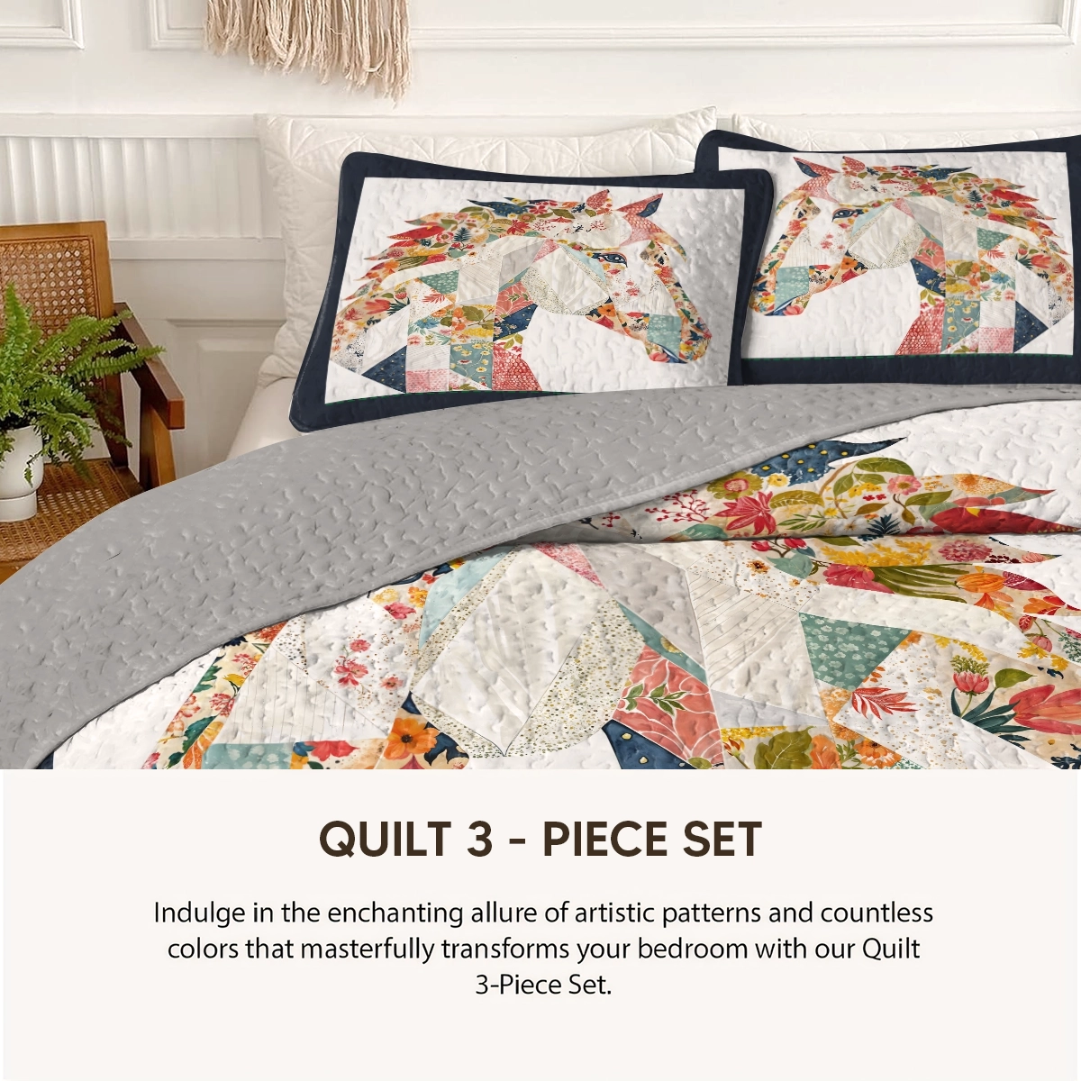 Pajabear Quilt 3-Piece Set Charming Floral Horse
