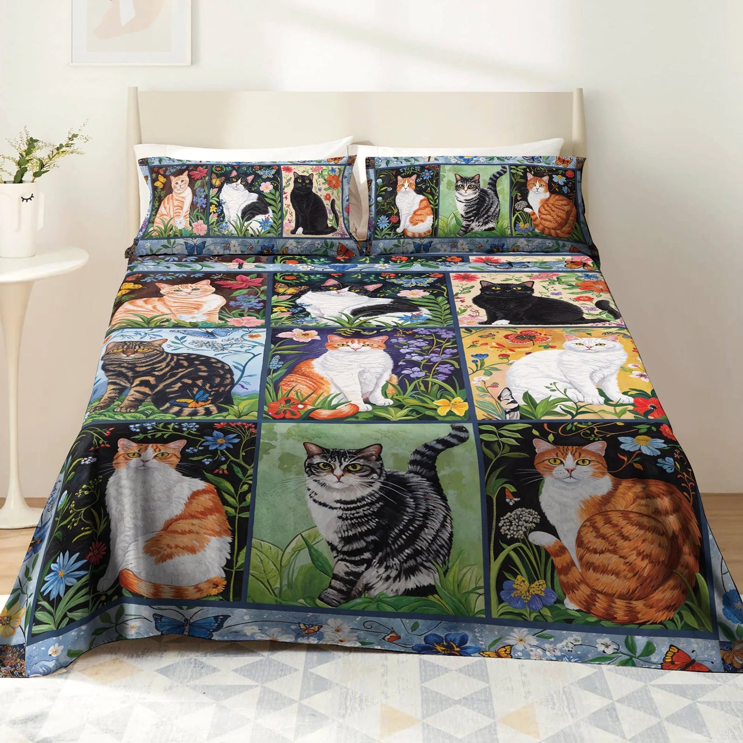 Pajabear 4-Piece Bed Sheet Set Floral Felines