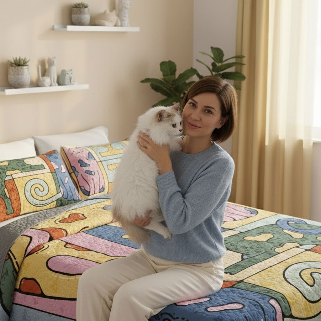 Pajabear Quilt 3-Piece Set Whimsical Cats