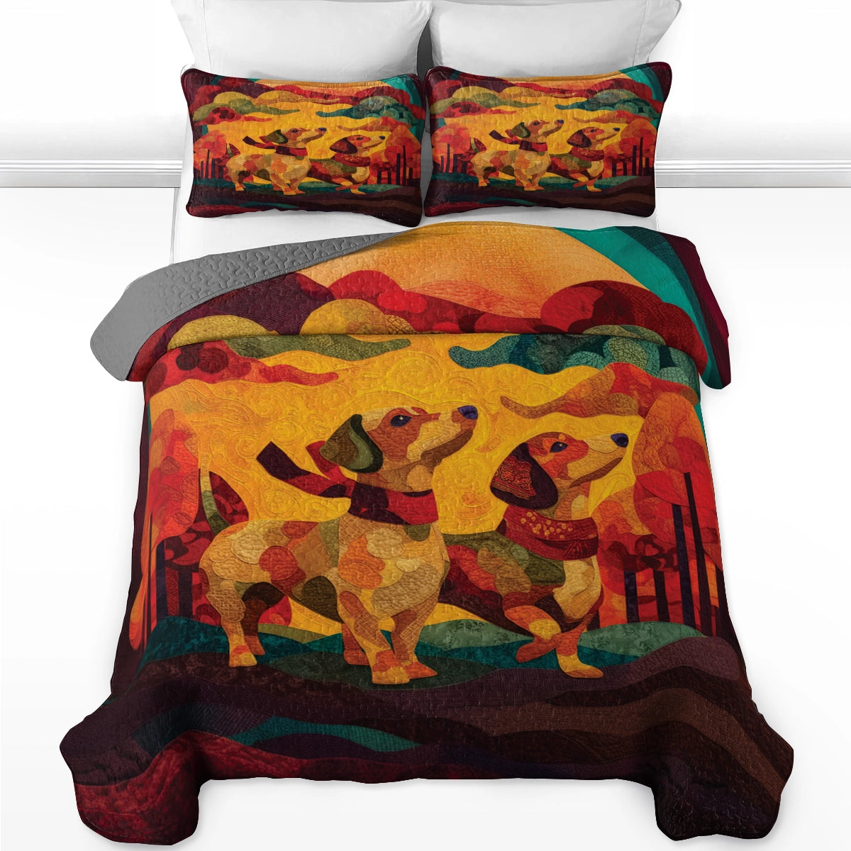 Pajabear Quilt 3-Piece Set Sunset Dachshund Harmony