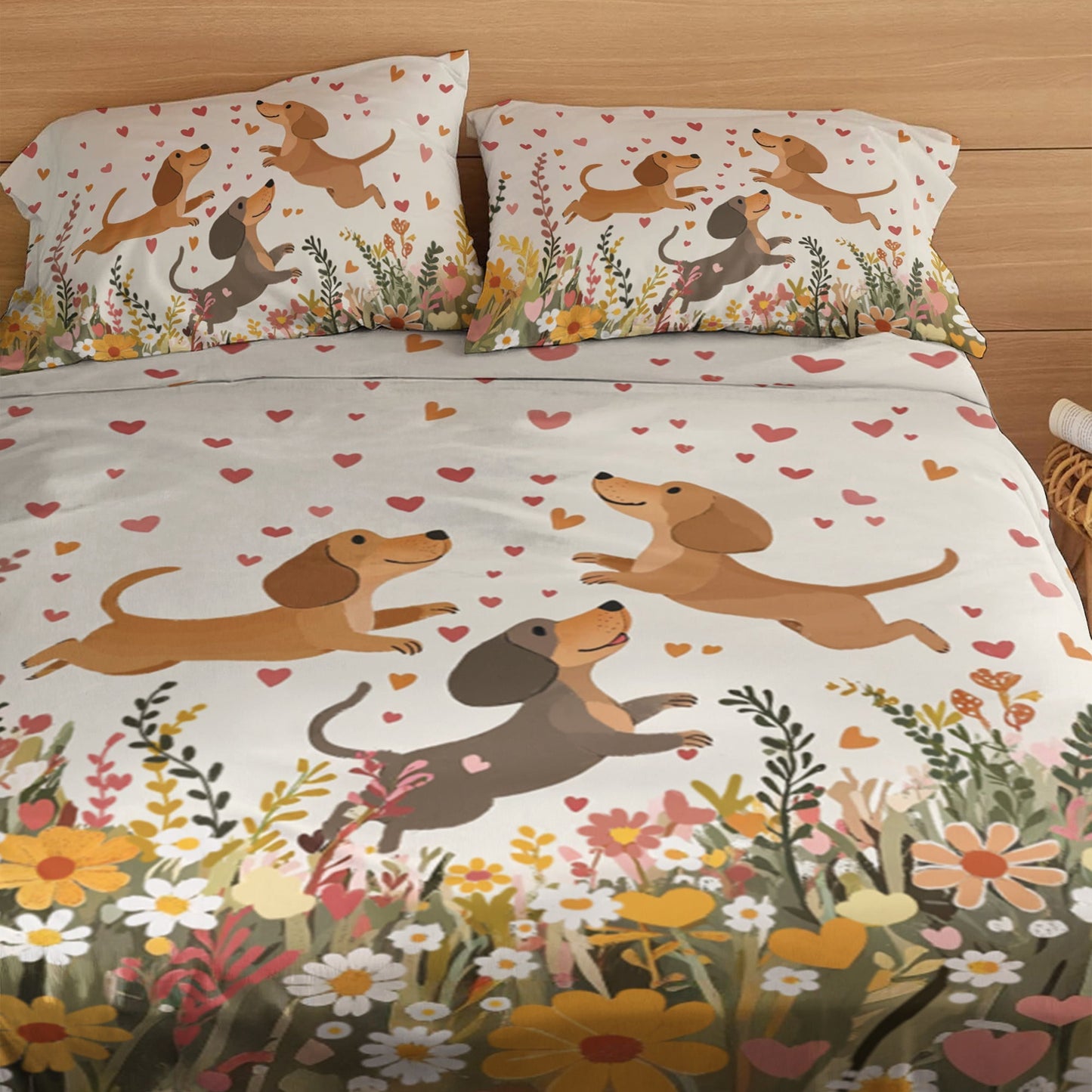 Pajabear 4-Piece Bed Sheet Set Floral Dachshund With Heart