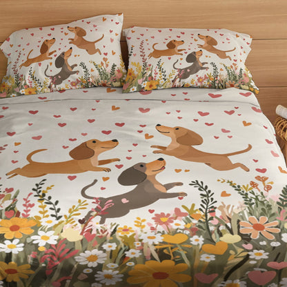 Pajabear 4-Piece Bed Sheet Set Floral Dachshund With Heart