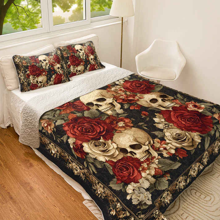 Pajabear Quilt 3-Piece Set Skull Crimson Shadows
