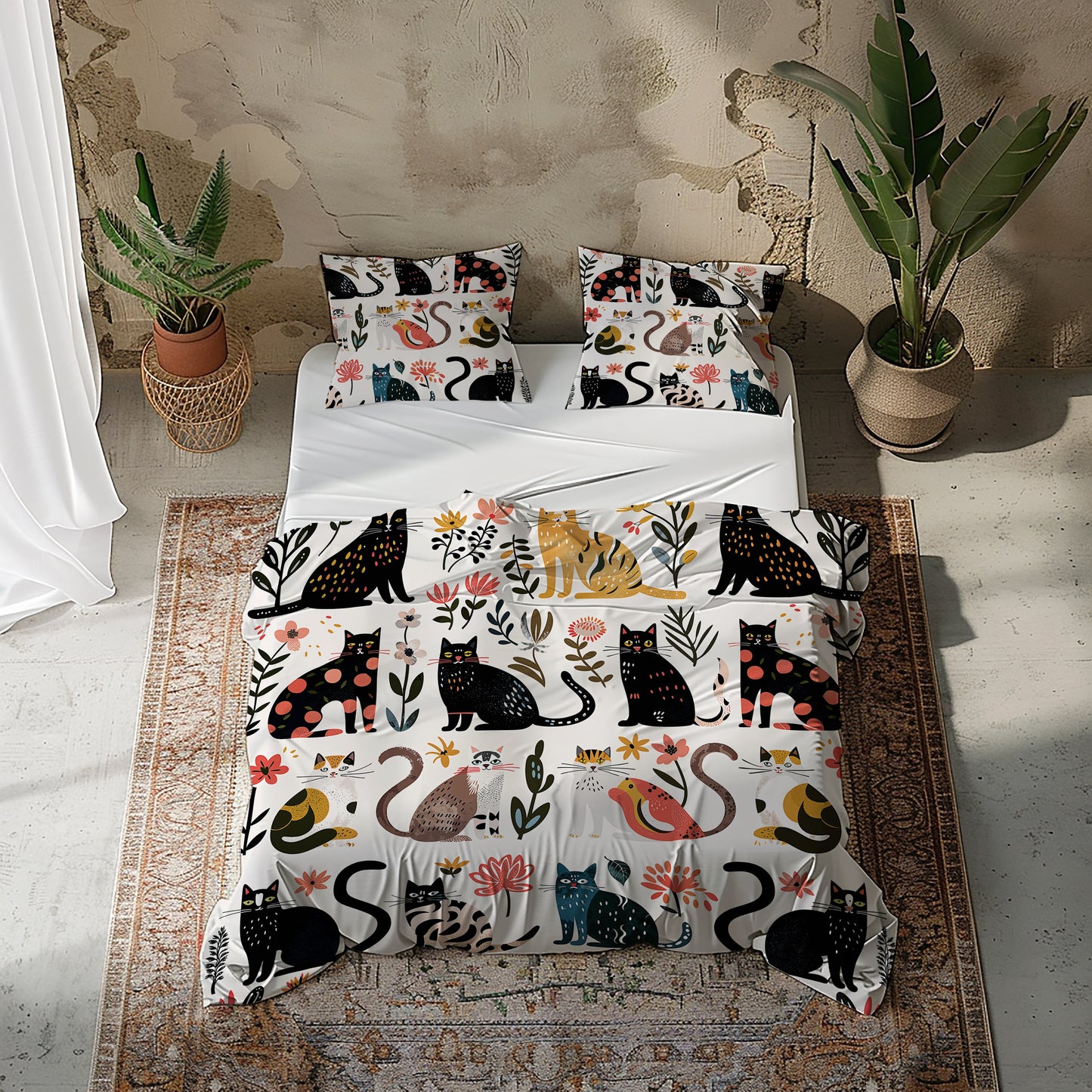 Pajabear 3 Pieces Duvet Cover Set Botanical Cat