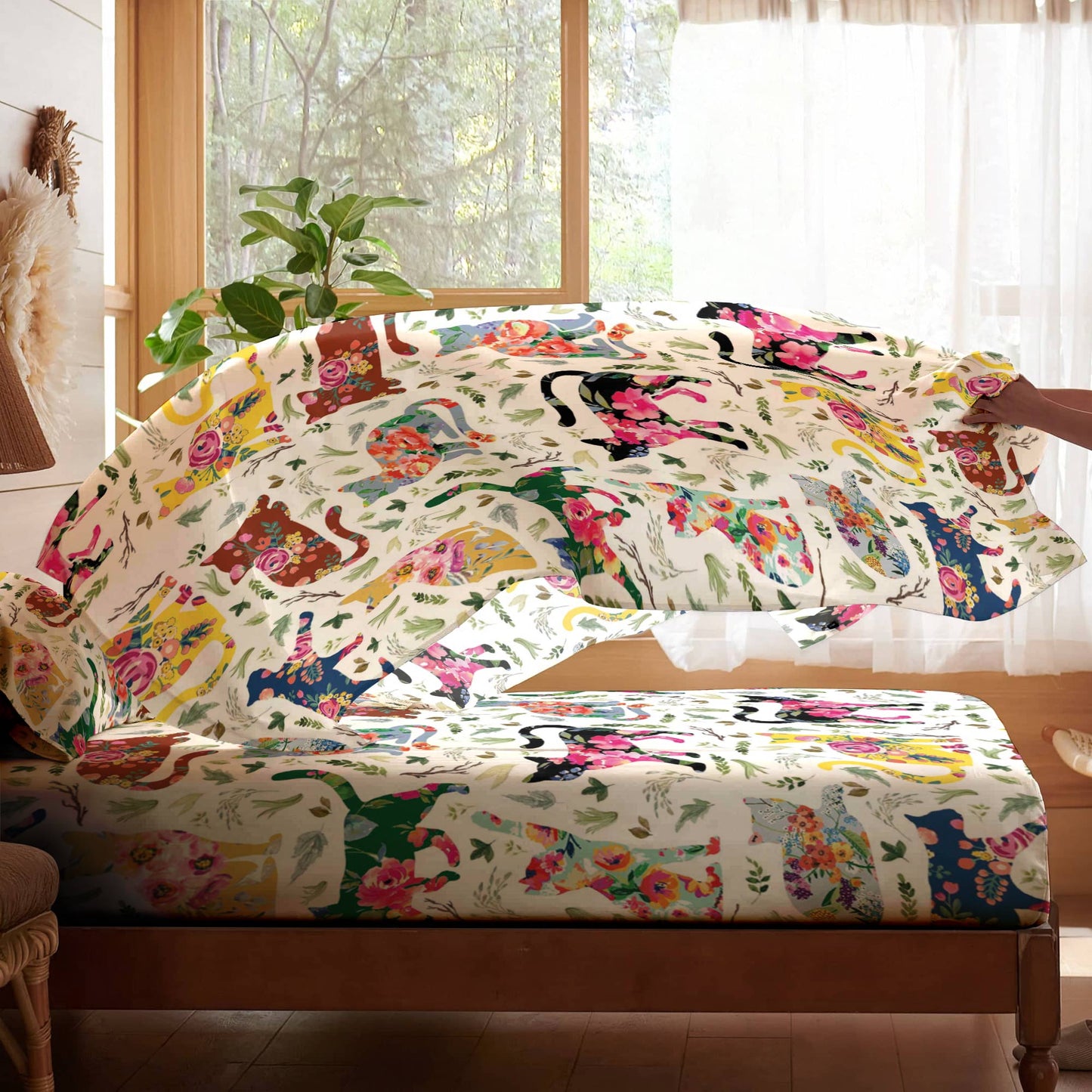 Pajabear 4-Piece Bed Sheet Set Cat Flower