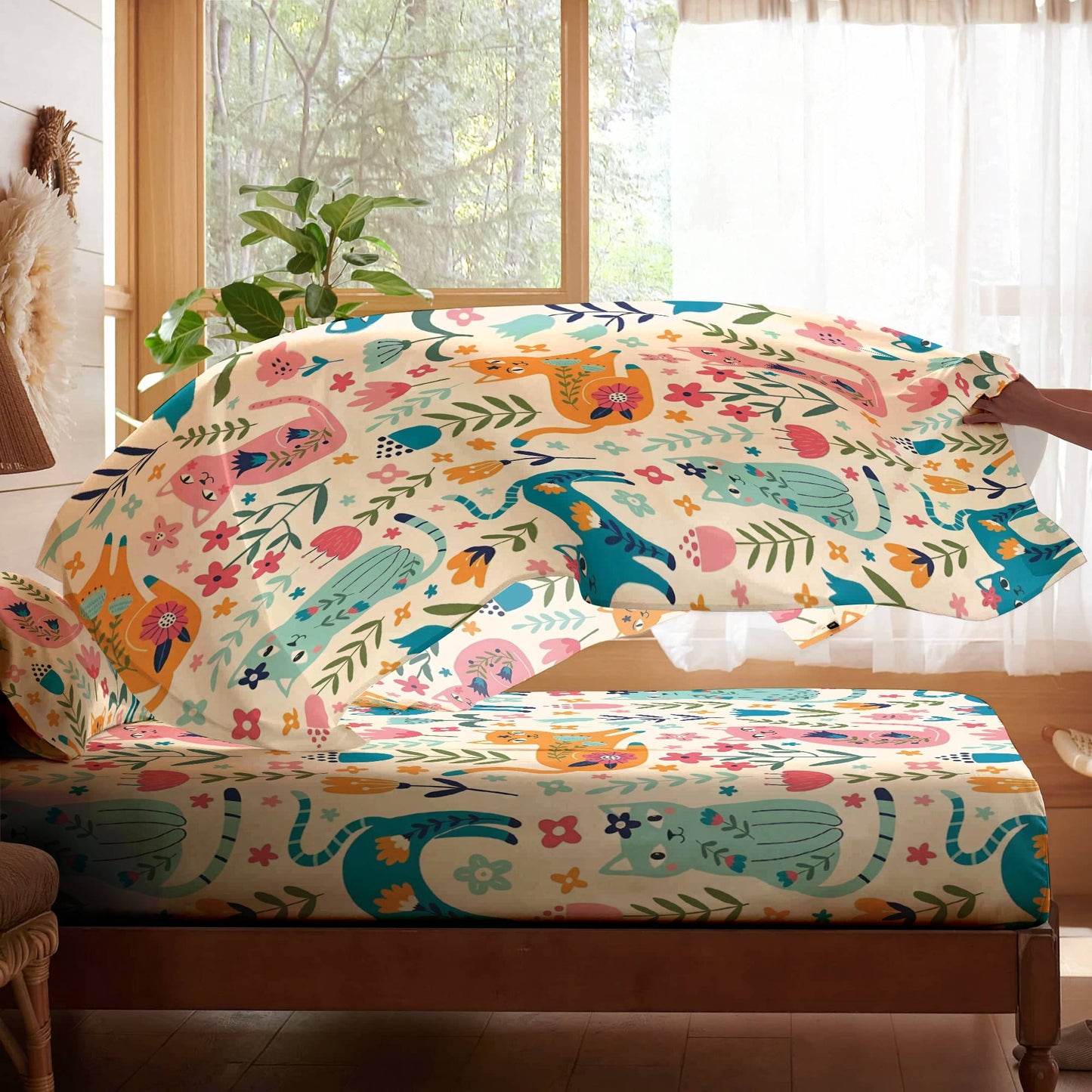 Pajabear 4-Piece Bed Sheet Set Floral Cats