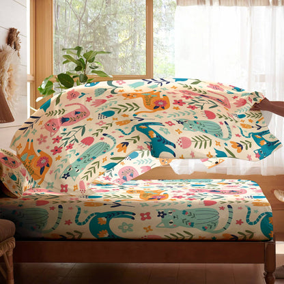 Pajabear 4-Piece Bed Sheet Set Floral Cats