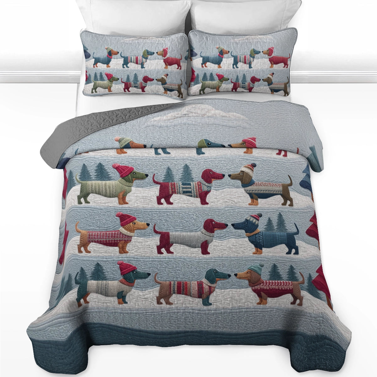 Pajabear Quilt 3-Piece Set Winter Dachshund Parade