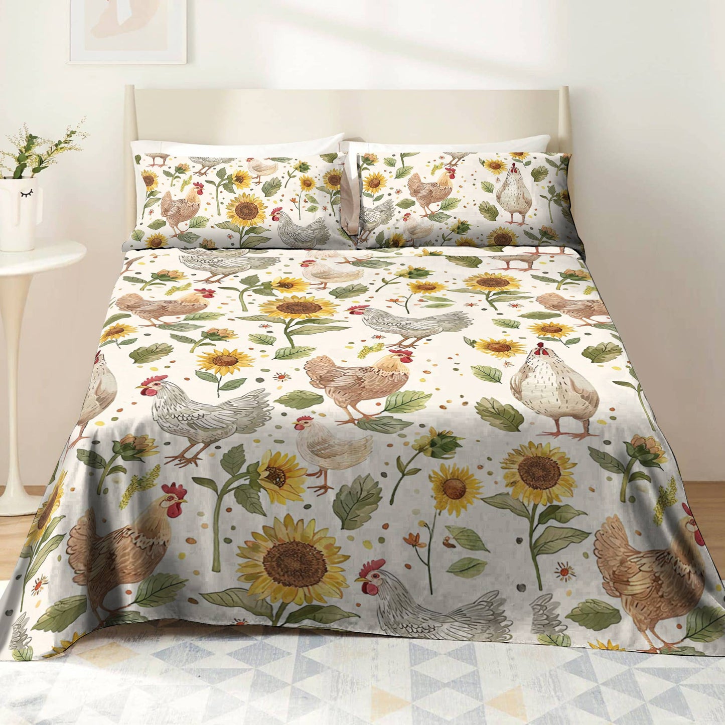 Pajabear 4-Piece Bed Sheet Set Sunflower Chickens