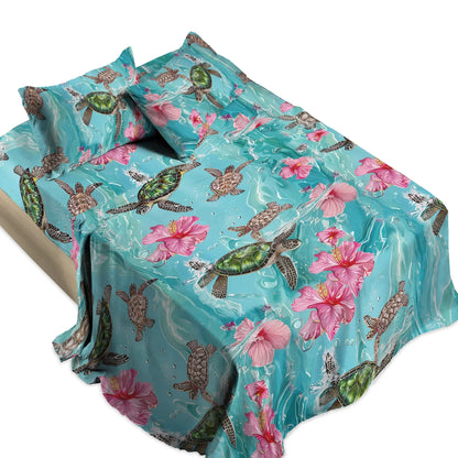 Pajabear 4-Piece Bed Sheet Set - Sea Turtle Hibiscus