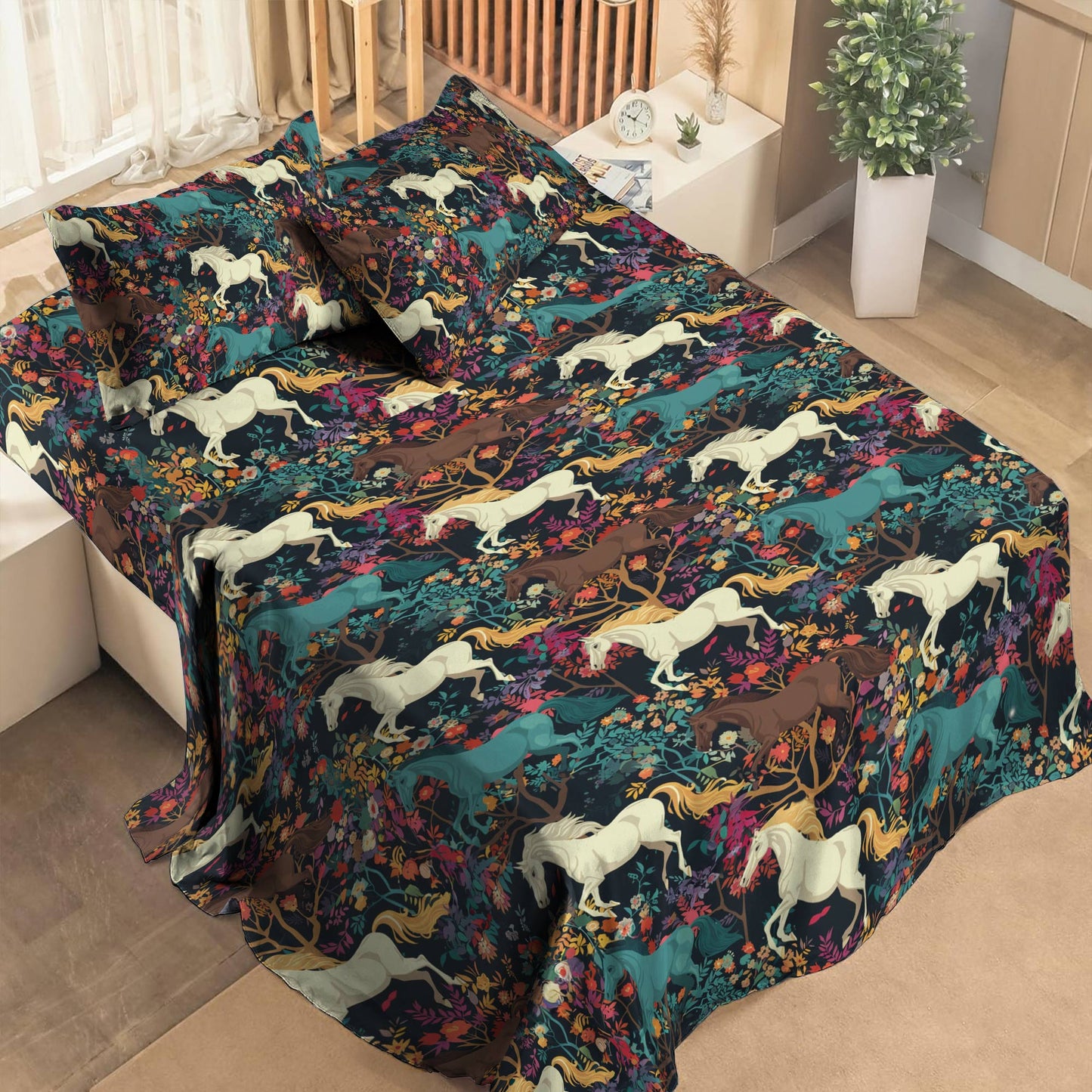 Pajabear 4-Piece Bed Sheet Set Horse Floral