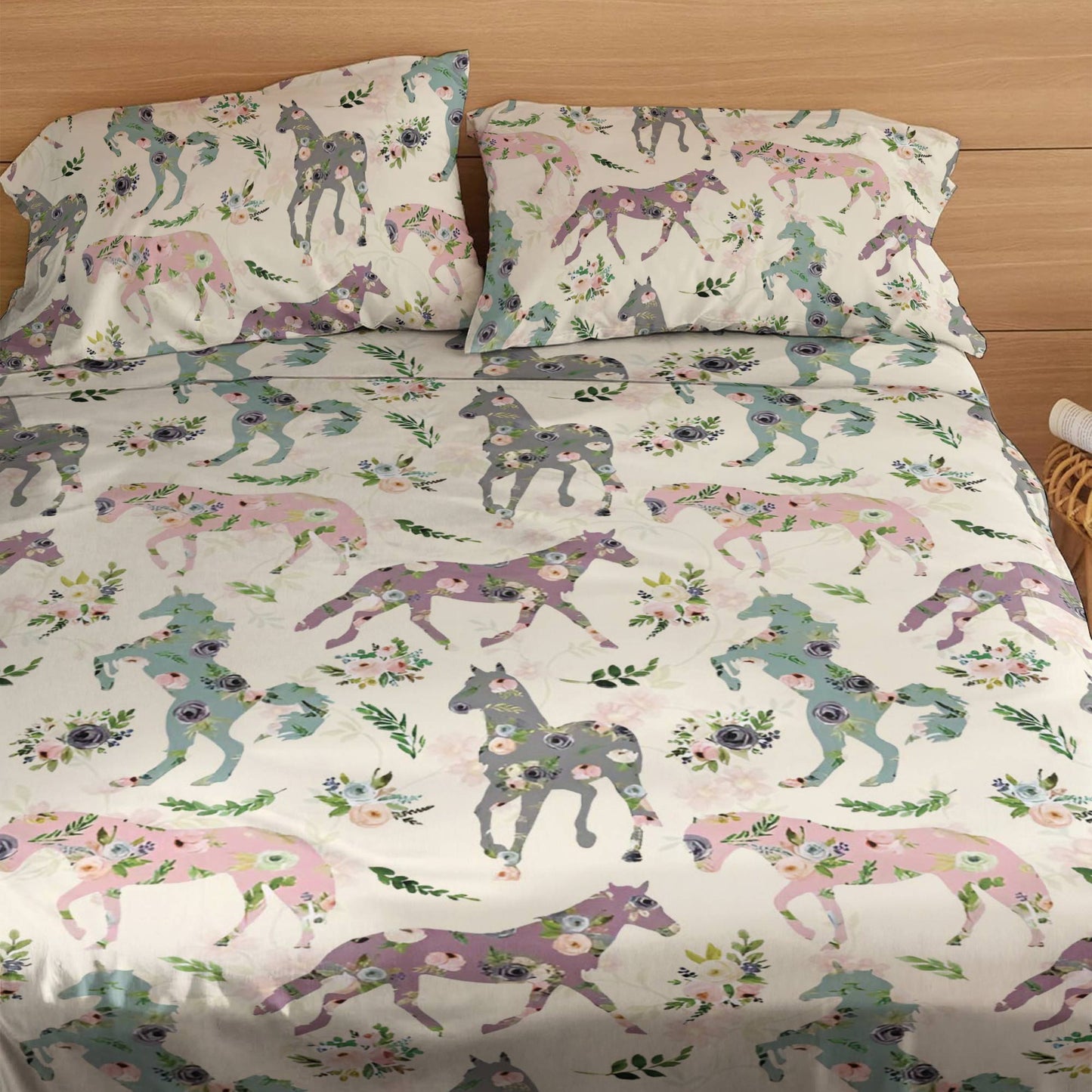 Pajabear 4-Piece Bed Sheet Set Floral Horses