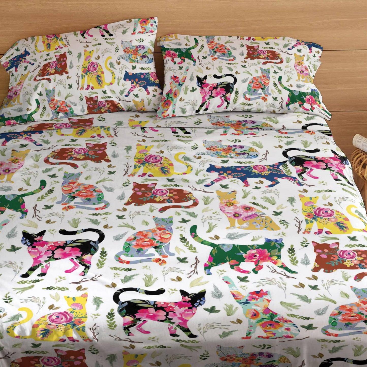 Pajabear 4-Piece Bed Sheet Set Cat Flower