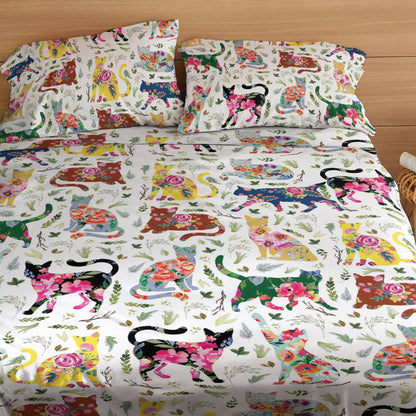 Pajabear 4-Piece Bed Sheet Set Cat Flower