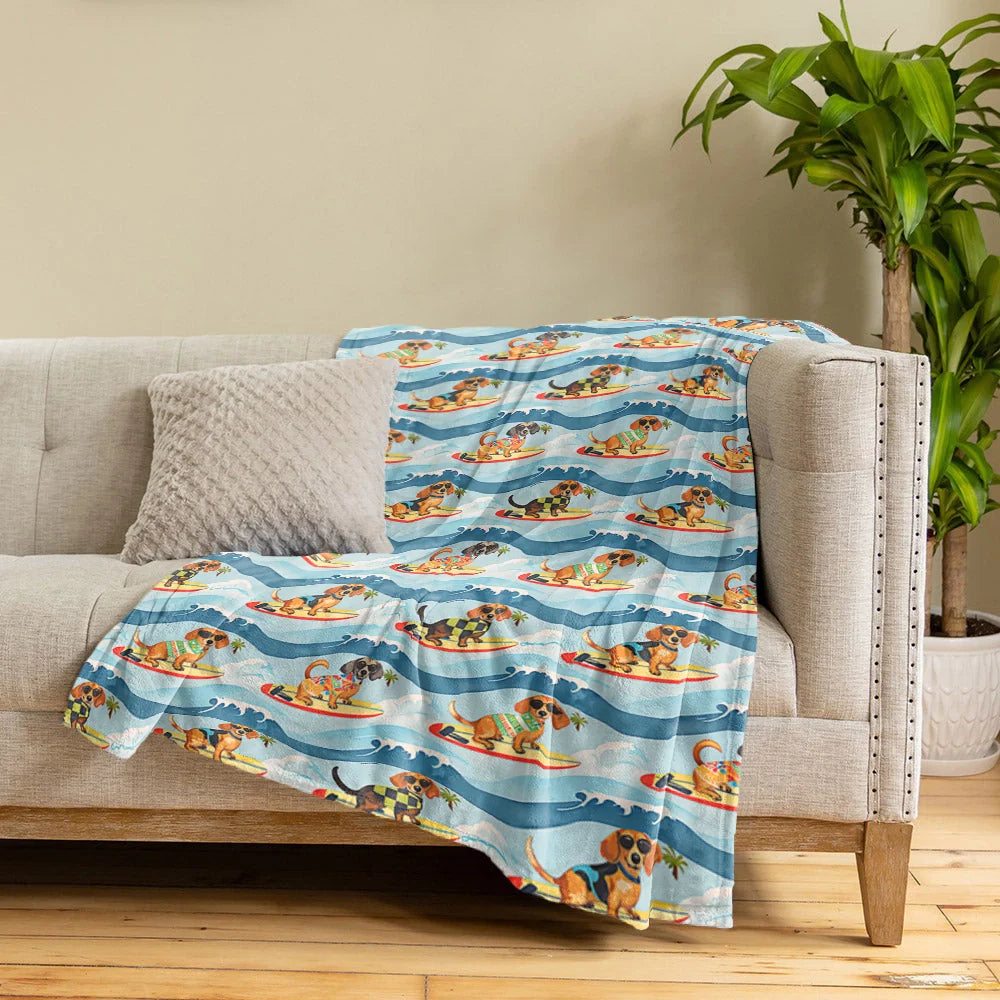 Dachshine Fleece Blanket Dachshund Surfing