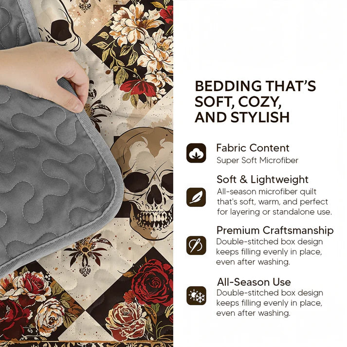 Pajabear Quilt 3-Piece Set Gothic Night Rose Skulls