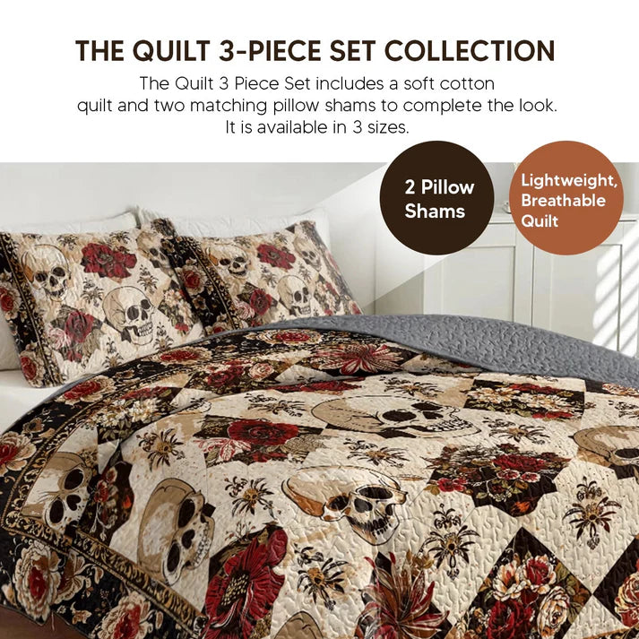 Pajabear Quilt 3-Piece Set Gothic Night Rose Skulls