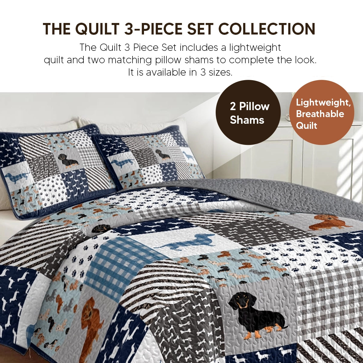 Pajabear Quilt 3-Piece Set Winter Dachshund Parade