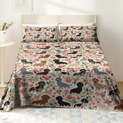 Pajabear 4-Piece Bed Sheet Set Floral Dachshunds