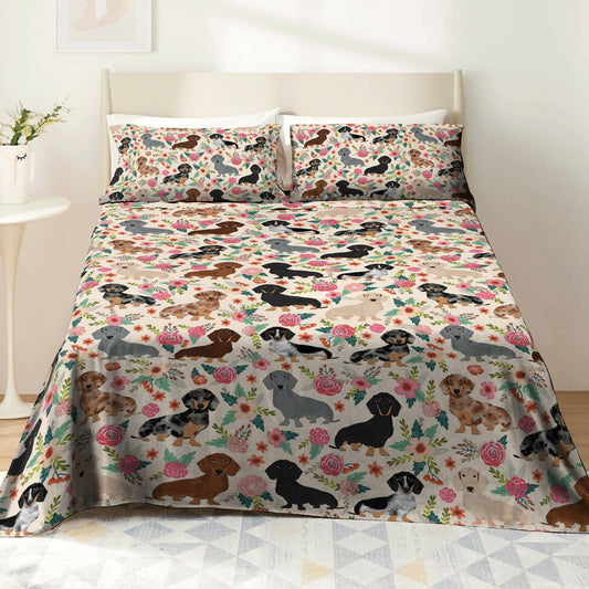 Pajabear 4-Piece Bed Sheet Set Floral Dachshunds