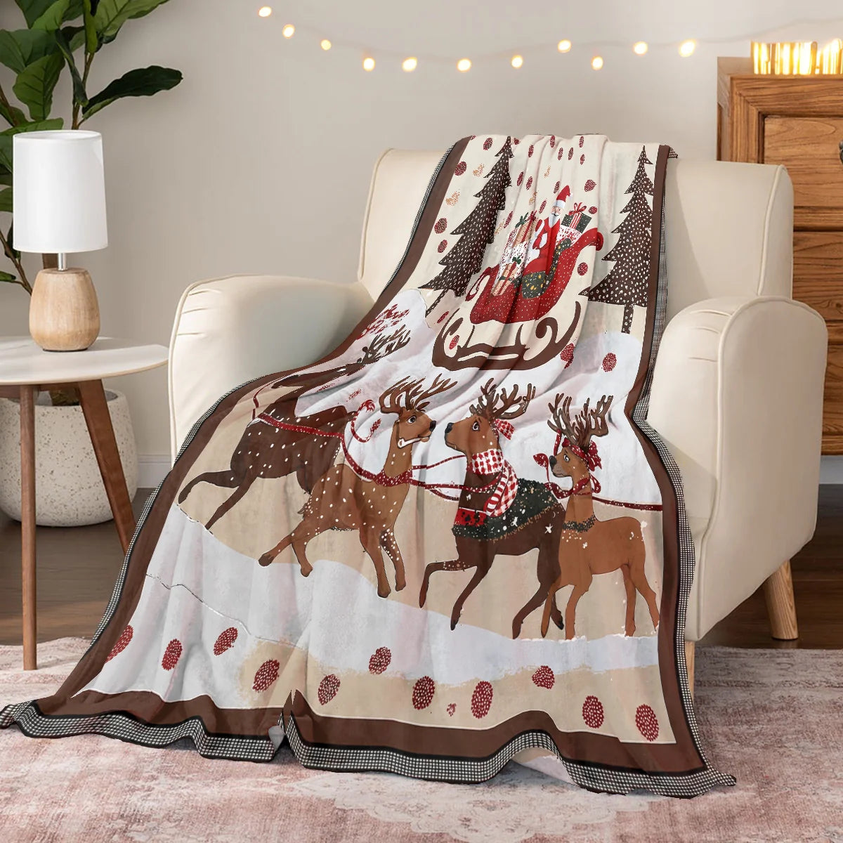 Pajabear Fleece Blanket Cozy Santa Claus With Reindeer Pulling His Sleigh Full Of Gifts