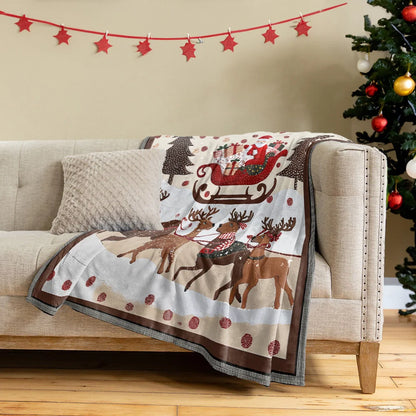 Pajabear Fleece Blanket Cozy Santa Claus With Reindeer Pulling His Sleigh Full Of Gifts