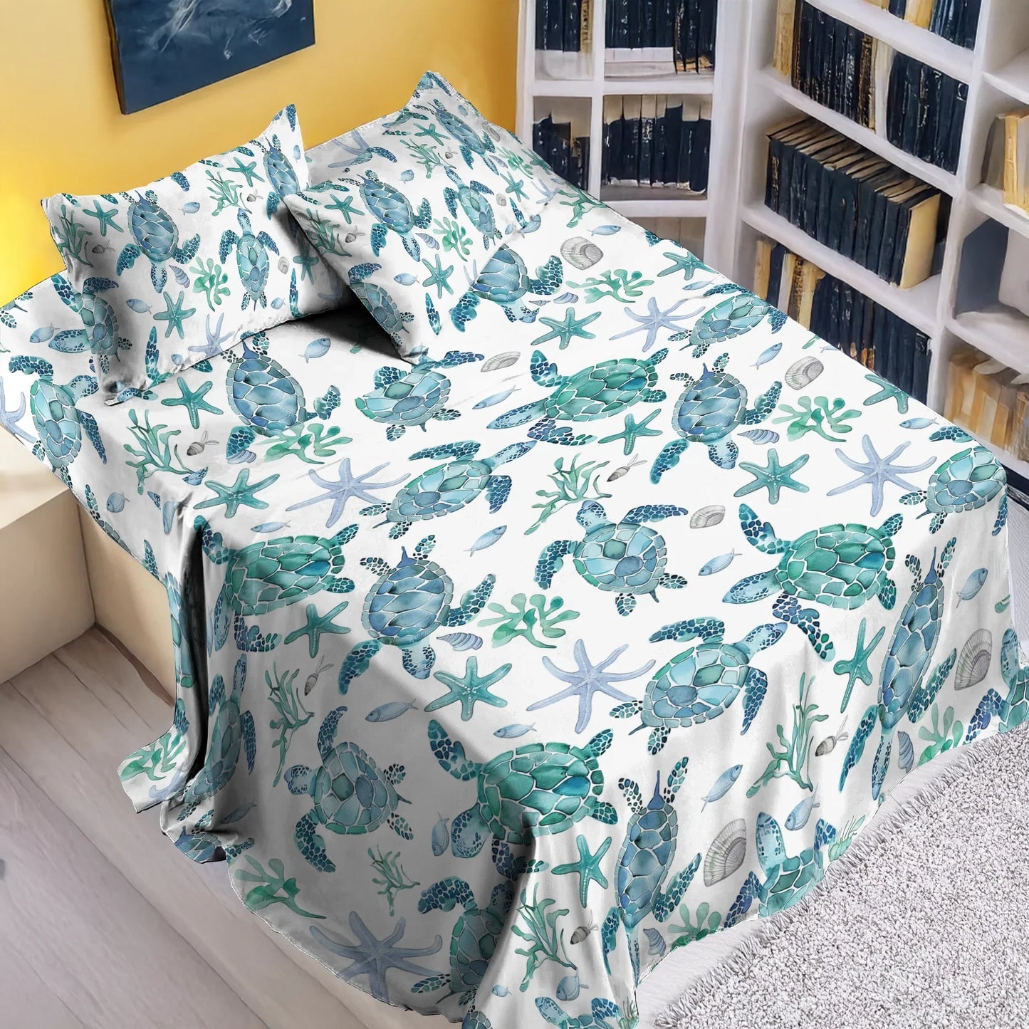 Pajabear 4-Piece Bed Sheet Set - Sea Turtle Blue Flow
