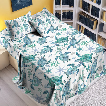 Pajabear 4-Piece Bed Sheet Set - Sea Turtle Blue Flow