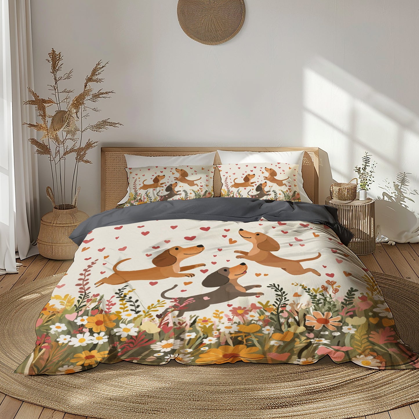 Pajabear 3 Pieces Duvet Cover Set - Floral Dachshund With Heart