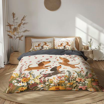 Pajabear 3 Pieces Duvet Cover Set - Floral Dachshund With Heart