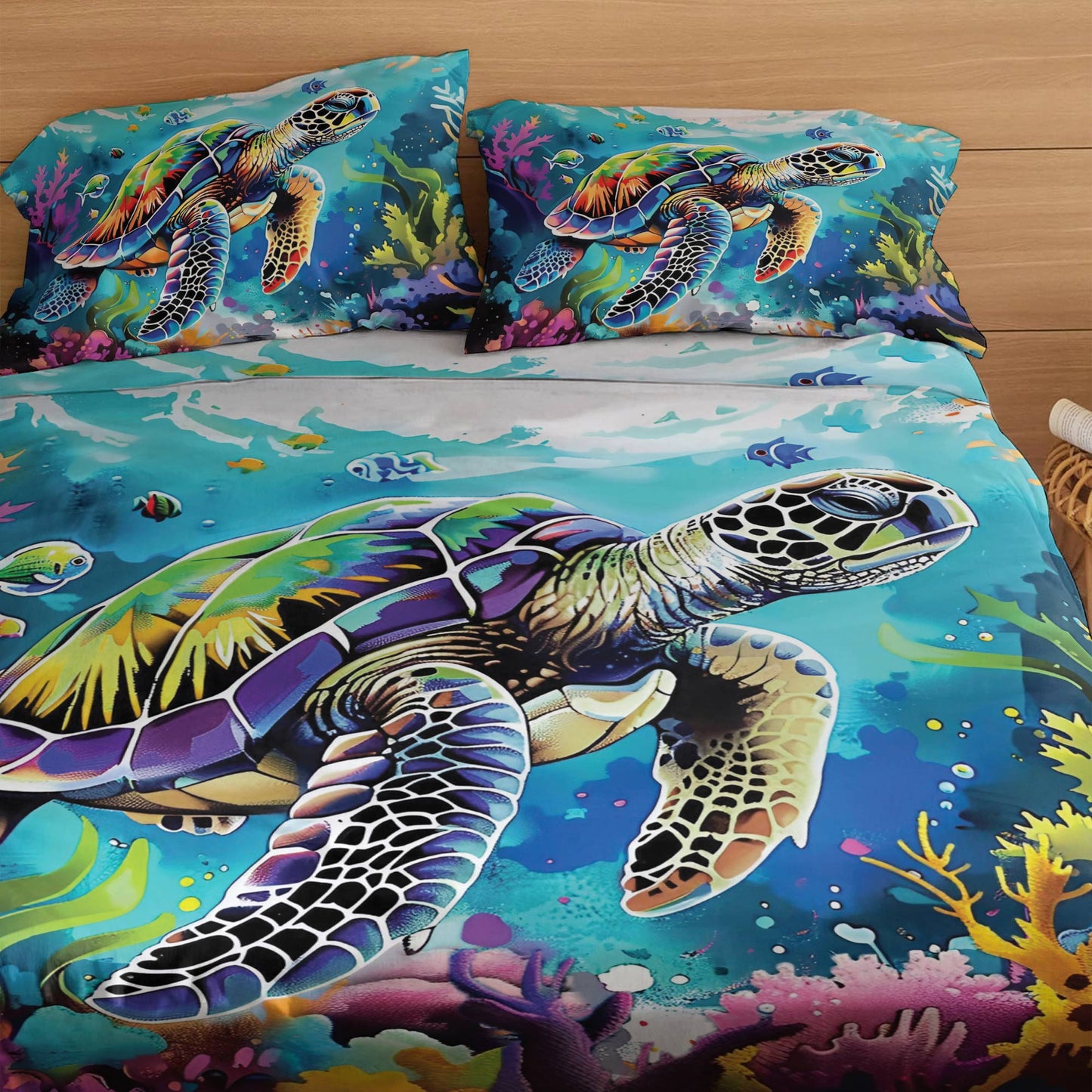 Pajabear 4-Piece Bed Sheet Set Neon Sea Turle